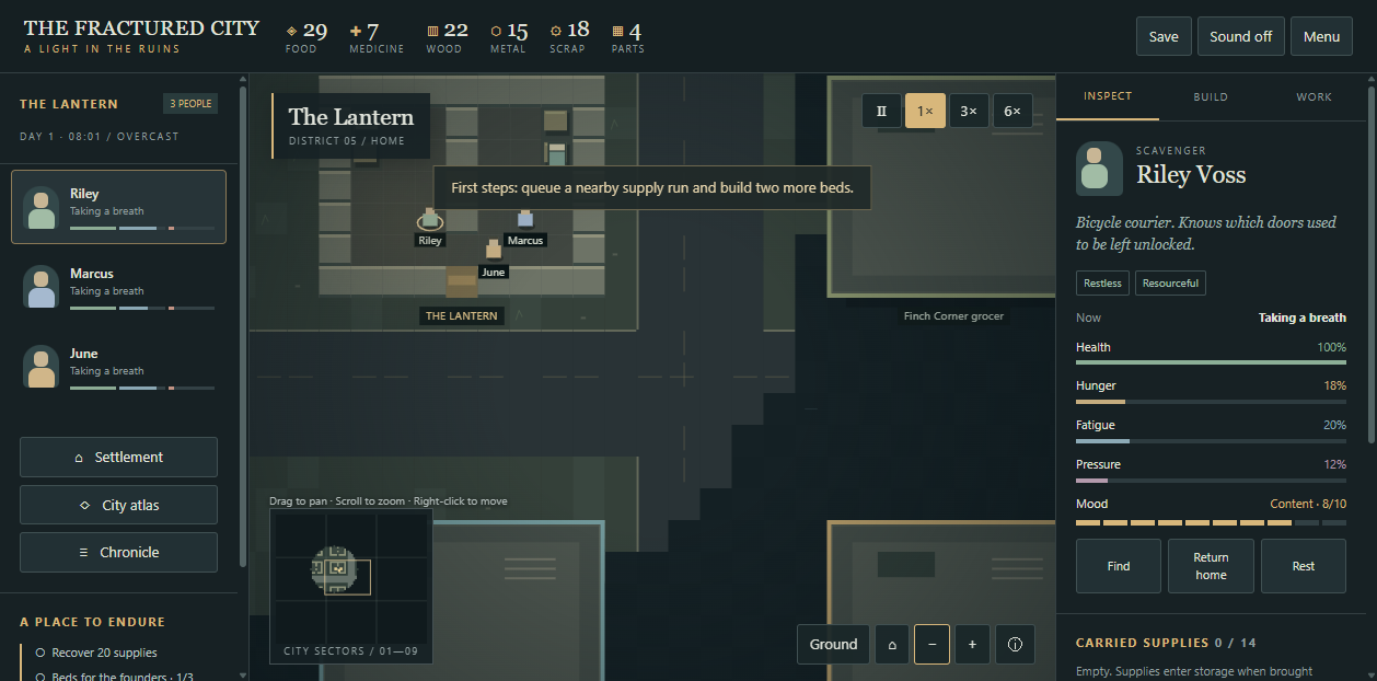 The Lantern settlement, three survivors, a ruined city map and survivor needs.
