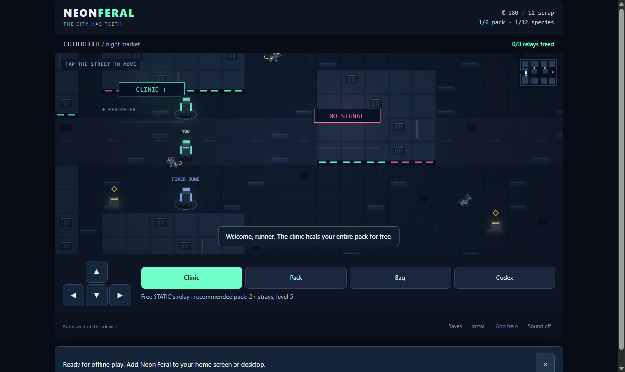 A runner and augmented stray explore the neon streets of Gutterlight, with pack and clinic controls.