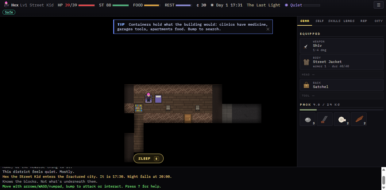A pixel-art Street Kid explores The Last Light with gear, survival meters and a turn log.