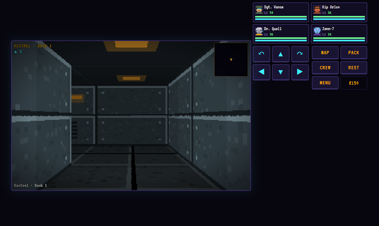 A first-person corridor aboard the Kestrel, with a four-person crew and retro movement controls.