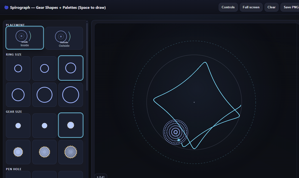 A spirograph canvas alongside controls for ring sizes, gears, pen holes, shapes and color palettes.