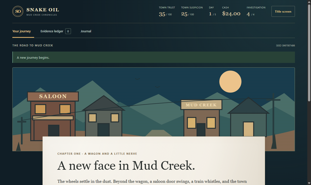 Snake Oil’s Mud Creek prototype with journey choices, town information and a frontier merchant interface.