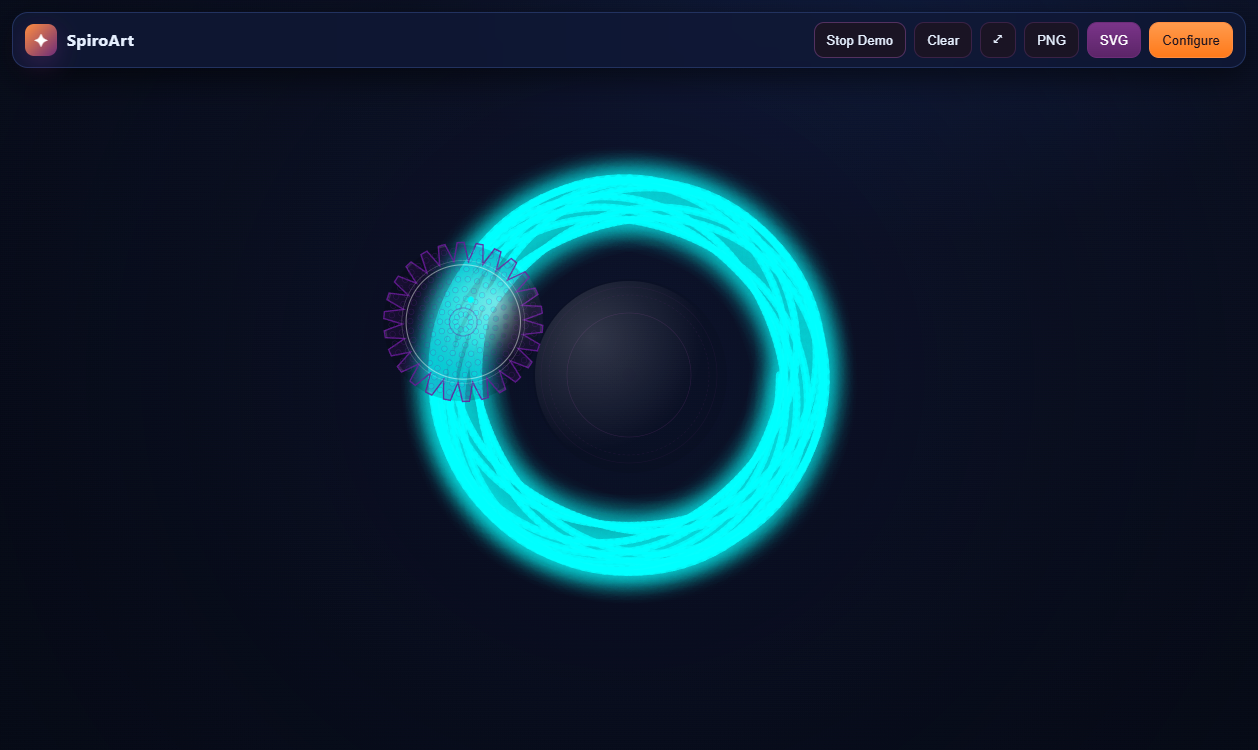 A glowing cyan spirograph drawing with a visible gear and drawing export controls.