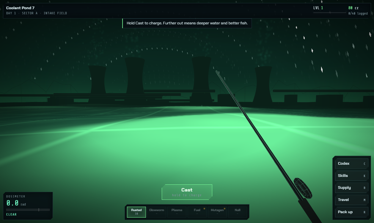 A fishing rod over glowing green water at Coolant Pond 7, with cooling towers and a radiation dosimeter.
