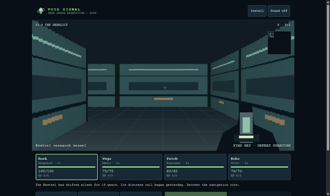 A retro first-person alien facility with a laser weapon, minimap and four specialist crew panels.