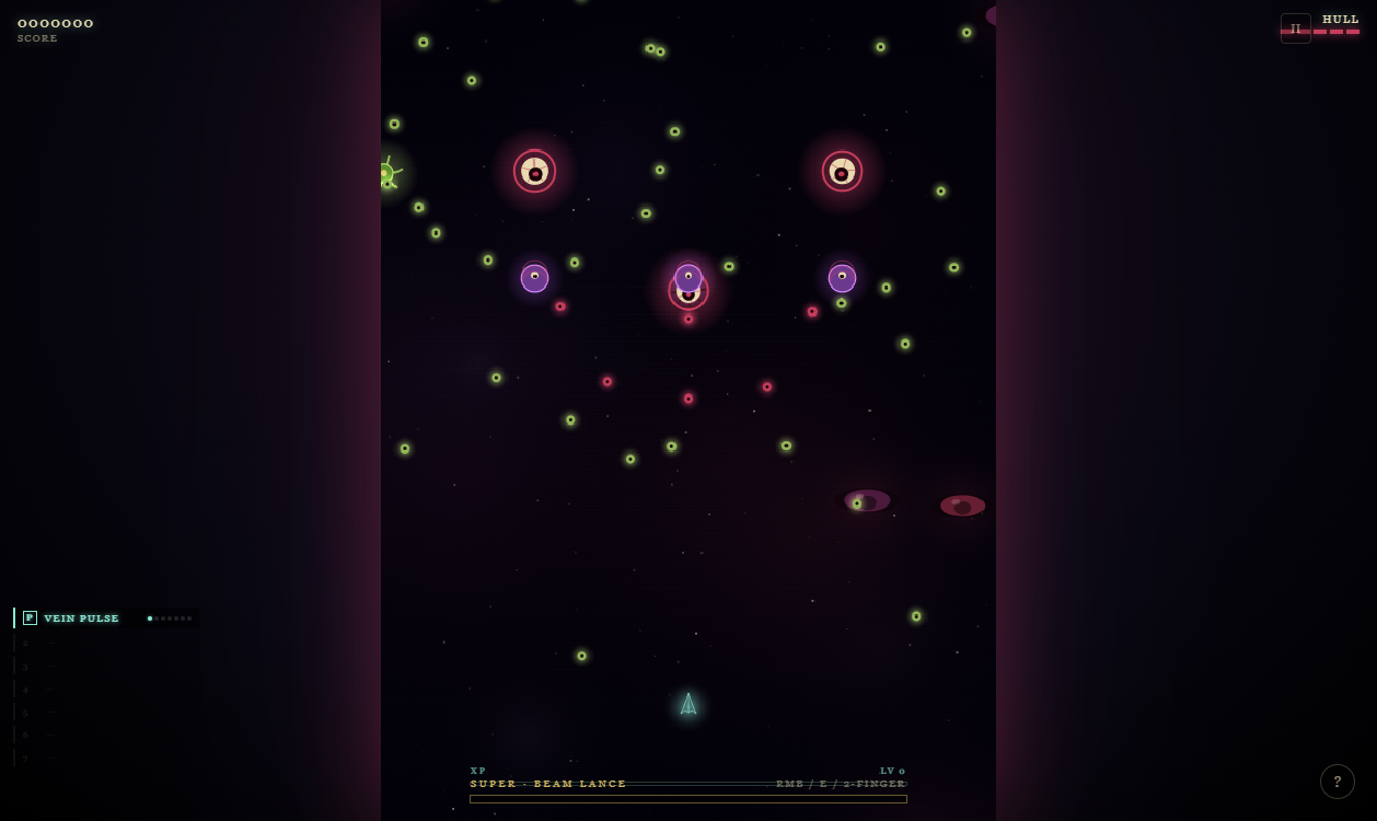 A small vessel dodges glowing projectiles and biomechanical enemies in a dark vertical arena.